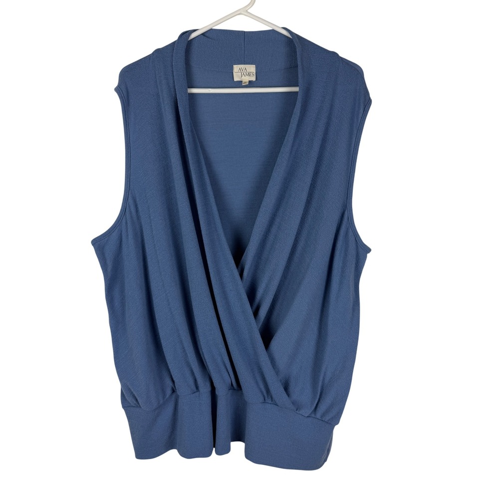 Ava James Women's 1X Blue‎ Surplice Wrap Sleeveless Banded Hem Top - Picture 5 of 7